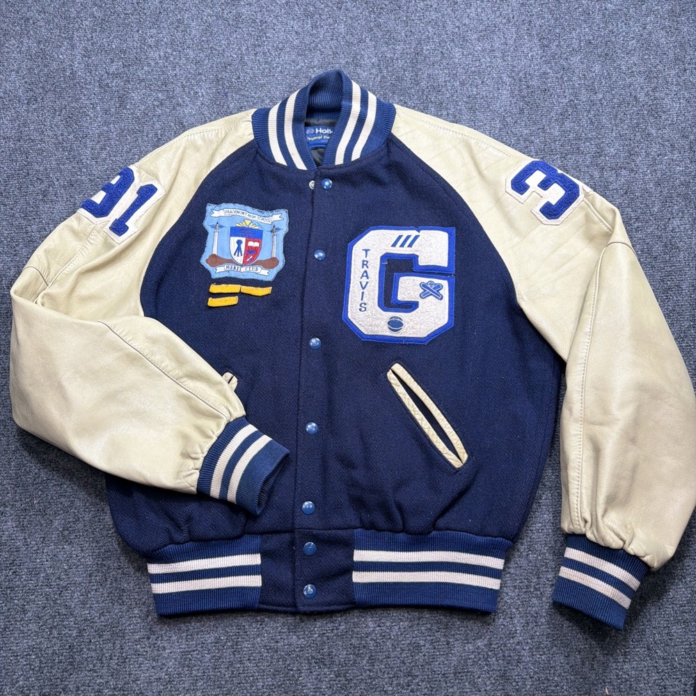 Vintage Holloway Varsity Jacket Mens L Blue Letterman Wool Leather USA Gracemont